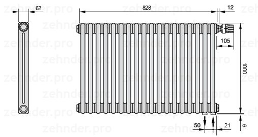 Схема (чертеж) Радиатор Zehnder Charleston 2100/18 №V002 Белый глянцевый RAL 9016